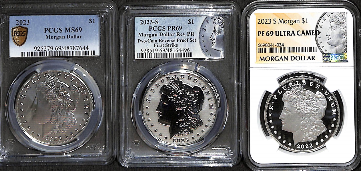 Lot of (3) 2023 &2023-S Morgan Silver Dollars - MS69/PR69/PF69